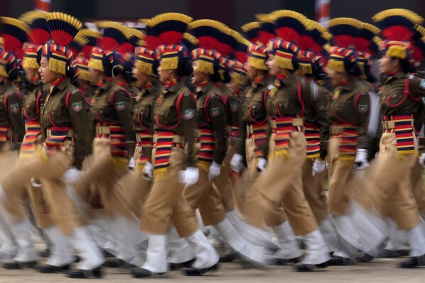 Assam police battalion march during the Republic Day parade in Guwahati, India, Friday, Jan. 26, 2024. (AP Photo/Anupam Nath)