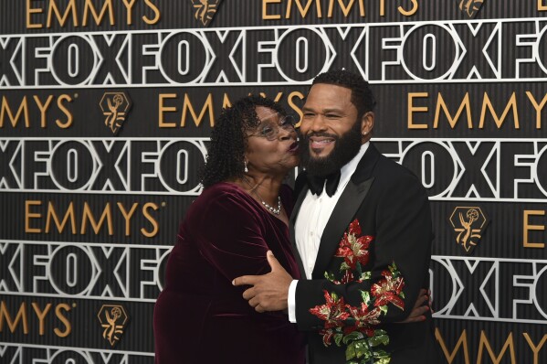 Doris Bowman, left, and Anthony Anderson arrive at the 75th Primetime Emmy Awards on Monday, Jan. 15, 2024, at the Peacock Theatre in Los Angeles. (Photo by Richard Shotwell/Invision/AP)