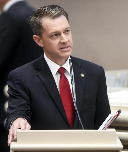 Rep. Wes Allen speaks during debate on transgender bills during the legislative session in the house chamber at the Alabama Statehouse in Montgomery, Ala., on Thursday April 7, 2022. The Alabama House of Representatives began debate on a proposal that would make it a felony, punishable by up to 10 years in prison, for a doctor to prescribe puberty blockers or hormones or perform surgery to aid in the gender transition of people under age 19.  (Mickey Welsh /The Montgomery Advertiser via AP)