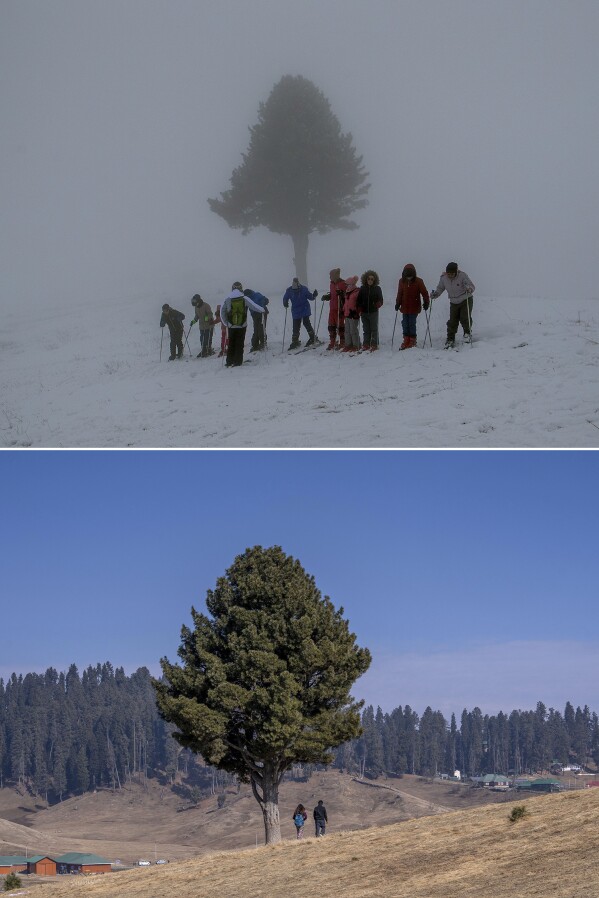 This combination photo shows Kashmiri schoolgirls engulfed in fog on a snow-covered slope on Jan. 2, 2022, top, and a tourist couple walking on the same slope on Saturday, Jan. 13, 2024, in Gulmarg, northwest of Srinagar, Indian controlled Kashmir. There is hardly any snow at Asia's largest ski terrain in Gulmarg where thousands of domestic and international tourists would usually visit to ski and sledge its stunning snowscape in winter.(AP Photo/Dar Yasin)