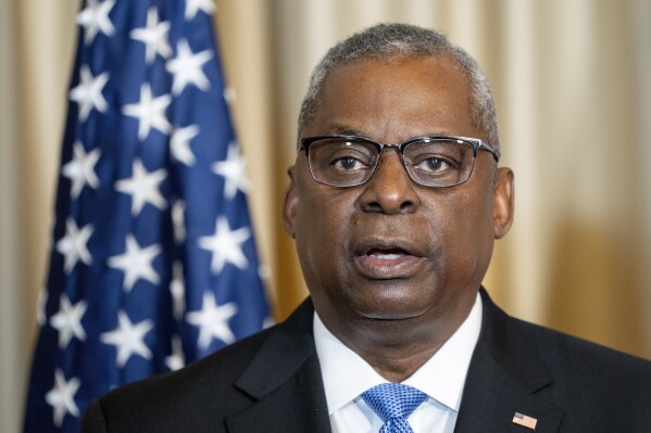 US Defense Secretary Lloyd Austin speaks during a press conference after the meeting of the 'Ukraine Defense Contact Group' at Ramstein Air Base in Ramstein, Germany, Tuesday, Sept.19, 2023. Defense Secretary Lloyd Austin is urging defense leaders to “dig deep” and provide more air defense systems for Ukraine, to help the country block increasing barrages of Russian missiles. (AP Photo/Michael Probst)