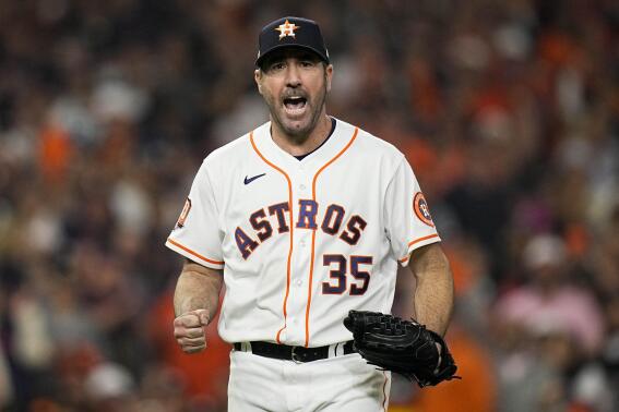 Houston Astros starting pitcher Justin Verlander (35) celebrates the third out during the sixth inning in Game 1 of baseball's American League Championship Series between the Houston Astros and the New York Yankees, Wednesday, Oct. 19, 2022, in Houston. (AP Photo/Eric Gay)