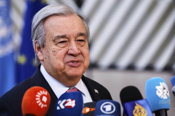 United Nations Secretary General Antonio Guterres speaks with the media during an EU summit in Brussels, Thursday, March 20, 2025. (AP Photo/Geert Vanden Wijngaert)
