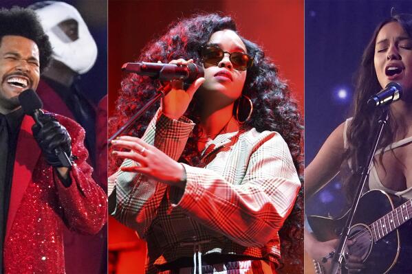 This combination of photos shows The Weeknd performing during the halftime show of the Super Bowl on Feb. 7, 2021, in Tampa, Fla., left, H.E.R. performing at the Spotify Best New Artist 2019 Party in Los Angeles on Feb. 7, 2019, center, and Olivia Rodrigo performingat the American Music Awards in Los Angeles on Nov. 21, 2021. The Weeknd was named global artist of the year at the Apple Music Awards, H.E.R. was named songwriter of the year, and Rodrigo was named breakthrough artist of the year, her “Sour” was named best album of the year and her “drivers license” was song of the year. (AP Photo)