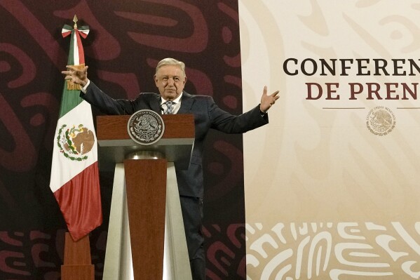 FILE - Mexican President Andres Manuel Lopez Obrador gives his regularly scheduled morning press conference at the National Palace in Mexico City, April 15, 2024. Lopez Obrador said Thursday, April 25, 2024, that the country’s violent criminal gangs and drug cartels are essentially “respectful people” who “respect the citizenry” and most just kill each other. (AP Photo/Marco Ugarte, File)