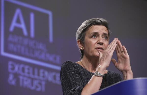 European Commissioner for Europe fit for the Digital Age Margrethe Vestager speaks during a media conference on an EU approach to artificial intelligence, following a weekly meeting of EU Commissioners, at EU headquarters in Brussels, Wednesday, April 21, 2021. (Olivier Hoslet, Pool via AP)