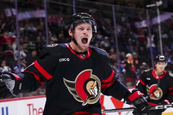 Ottawa Senators right wing Vladimir Tarasenko celebrates after his goal against the Toronto Maple Leafs during second-period NHL hockey game action in Ottawa, Ontario, Saturday, Feb. 10, 2024. (Sean Kilpatrick/The Canadian Press via AP)