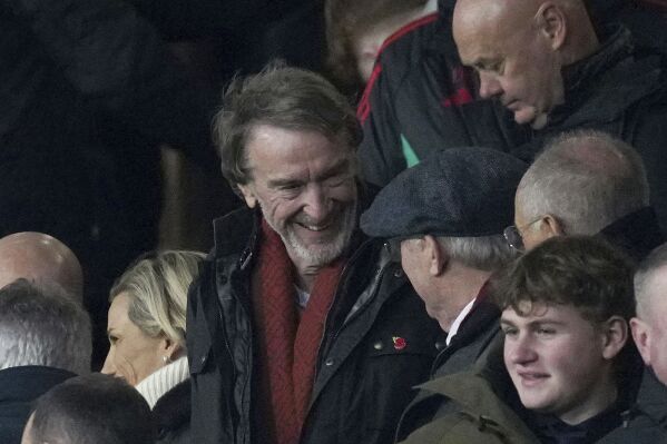 INEOS Sport CEO Sir Jim Ratcliffe in the stands during the English Premier League soccer match between Manchester United and Tottenham Hotspur at Old Trafford, Manchester, England, Sunday Jan. 14, 2024. (Martin Rickett/PA via AP)