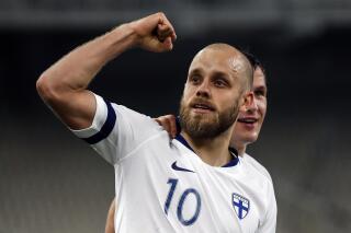 FILE - In this photo taken on Nov. 18, 2019, Finland's Teemu Pukki celebrates after scoring the opening goal during the Euro 2020 group J qualifying soccer match between Greece and Finland at Olympic stadium in Athens, Greece. (AP Photo/Thanassis Stavrakis, File)