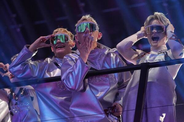 VAEB from Iceland who performed the song "ROA" celebrate after progressing through during the first semi-final to the final of the 69th Eurovision Song Contest, in Basel, Switzerland, Tuesday, May 13, 2025. (AP Photo/Martin Meissner)