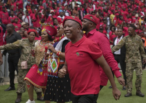 FILE - Economic Freedom Fighters (EFF) leader Julius Malema at the party's manifesto launch in Durban, South Africa, on Feb. 10, 2024. The EFF has risen rapidly to become South Africa's third biggest party in Parliament since it was formed in 2013 by Malema, a former African National Congress youth leader who was expelled from the ruling party. (AP Photo/Tsvangirayi Mukwazhi, File)