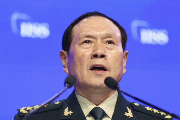 Chinese Defense Minister Gen. Wei Fenghe speaks during the fourth plenary session of the 18th International Institute for Strategic Studies (IISS) Shangri-la Dialogue, an annual defense and securit...