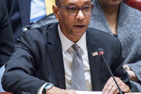 Robert Wood, deputy permanent representative of the United States, to the United Nations speaks to delegates during a security council meeting at the United Nations Headquarters, Monday, Jan. 22, 2024. (AP Photo/Eduardo Munoz Alvarez)