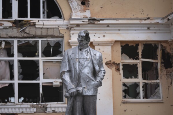 A damaged monument to Soviet founder Vladimir Lenin stands in a central square in Sudzha, Russia, on Aug. 16, 2024. This image was approved by the Ukrainian Defense Ministry before publication. (AP Photo, File)