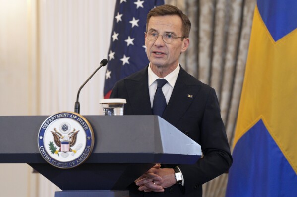 Swedish Prime Minister Ulf Kristersson speaks after a presentation of Sweden's NATO Instruments of Accession in the Benjamin Franklin Room at the State Department, Thursday, March 7, 2024, in Washington. (AP Photo/Jess Rapfogel)