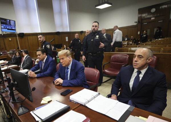 FILE - Former President Donald Trump appears at Manhattan criminal court, April 16, 2024, in New York. The testimony in Donald Trump's hush money trial is all wrapped up after more than four weeks and nearly two dozen witnesses, meaning the case heads into the pivotal final stretch of closing arguments, jury deliberations and possibly a verdict. (Curtis Means/DailyMail.com via AP, Pool, File)