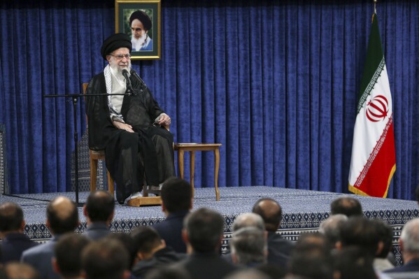 In this photo released by the official website of the office of the Iranian supreme leader, Supreme Leader Ayatollah Ali Khamenei speaks during a memorial in Tehran, Iran, Tuesday, May 20, 2025, for late President Ebrahim Raisi, who died in a helicopter crash last year. (Office of the Iranian Supreme Leader via AP)