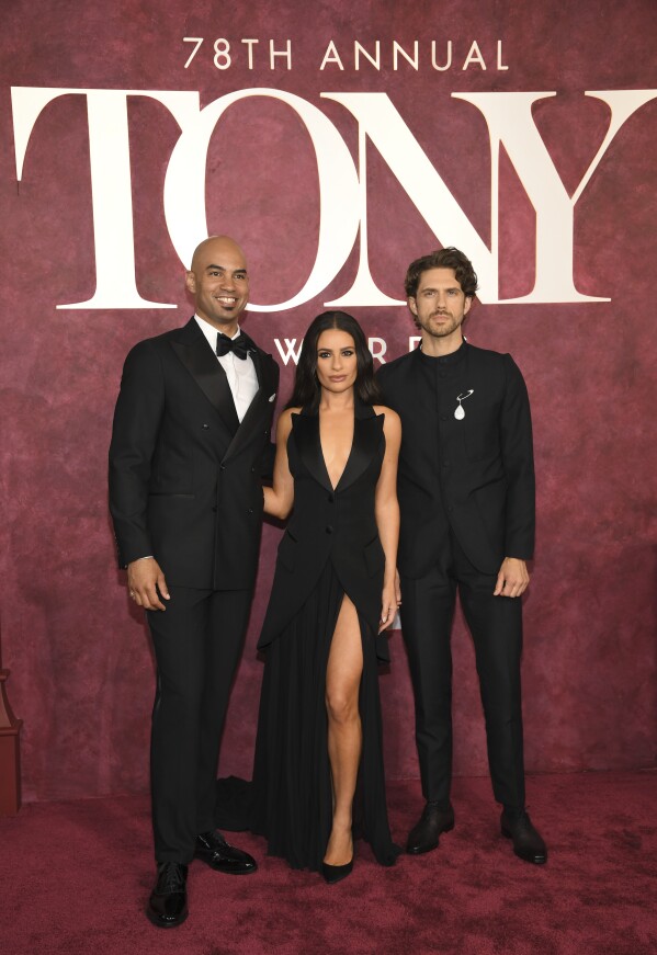 Nicholas Christopher, from left, Lea Michele, and Aaron Tveit arrive at the 78th Tony Awards on Sunday, June 8, 2025, at Radio City Music Hall in New York. (Photo by Evan Agostini/Invision/AP)