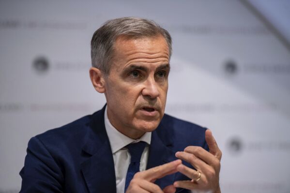 Governor of the Bank of England, Mark Carney, speaks during the Bank of England interest rate decision and inflation report press conference at the Bank of England in London, Thursday, Aug. 1, 2019. (Chris J Ratcliffe/Pool Photo via AP, File)