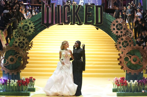 FILE - Ariana Grande, left, and Cynthia Erivo pose for the photographers prior to the the premiere of "Wicked" at Auditorio Nacional in Mexico City, Monday, Nov. 11, 2024. (AP Photo/Fernando Llano, File)