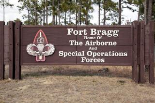 FILE - Fort Bragg is seen on Feb. 3, 2022, in Fort Bragg, N.C. An independent commission said Monday, Aug. 8, 2022 that renaming nine U.S. Army posts that commemorate Confederate officers would cost $21 million. The name changes would lead to the rebranding of everything from welcome marquees and road signs to water towers and hospital doors. (AP Photo/Chris Seward, File)