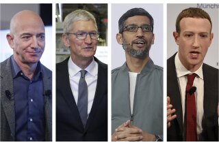 FILE - This file combination of 2019-2020 photos shows Amazon CEO Jeff Bezos, Apple CEO Tim Cook, Google CEO Sundar Pichai and Facebook CEO Mark Zuckerberg. In a report issued Tuesday, Oct. 6, 2020, Democratic lawmakers called for Congress to rein in Big Tech, possibly forcing Facebook, Google, Amazon and Apple to sever their dominant platforms from their other lines of business and imposing new uniformity on the terms they offer users. (AP Photo/Pablo Martinez Monsivais, Evan Vucci, Jeff Chiu, Jens Meyer, File)