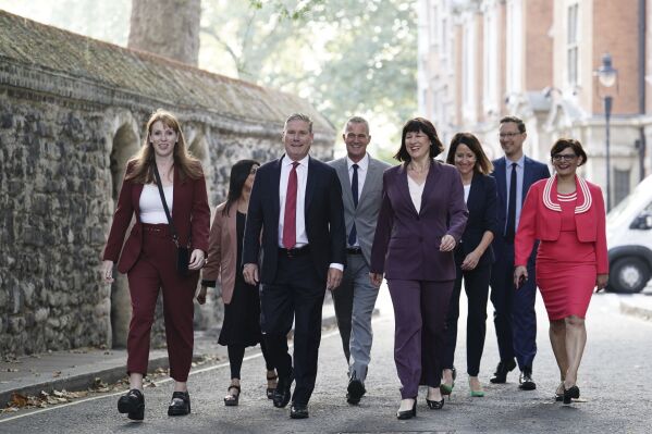 Labour leader Sir Keir Starmer arriving with his shadow cabinet in central London for their first meeting, Tuesday Sept. 5, 2023. (Jordan Pettitt/PA via AP)