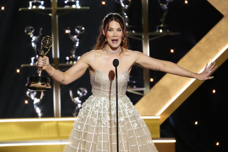 Courtney Hope accepts the award for outstanding performance by a supporting actress in a daytime drama series for "The Young and the Restless" during the 51st Daytime Emmy Awards on Friday, June 7, 2024, at the Westin Bonaventure in Los Angeles. (AP Photo/Chris Pizzello)