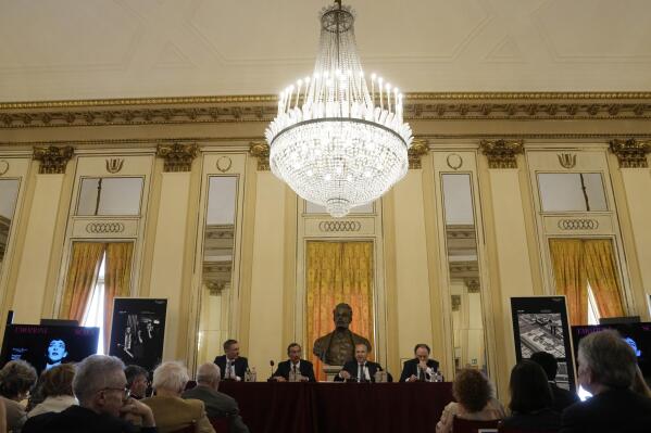 From left, La Scala ballet director Manuel Legris, Milan's mayor Giuseppe Sala, La Scala general manager Dominique Meyer and La Scala director Riccardo Chailly attend at a press conference to present the 2023/2024 season, at Milan's La Scala opera house, Italy, Monday, May 29, 2023. (AP Photo/Antonio Calanni)
