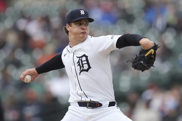 Detroit Tigers pitcher Jackson Jobe throws against the San Francisco Giants in the first inning during a baseball game, Wednesday, May 28, 2025, in Detroit. (AP Photo/Paul Sancya)