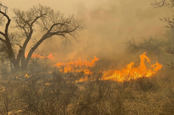 This image taken from Greenville Fire-Rescue's facebook page on Wednesday, Feb. 28, 2024 shows a fire in the Texas Panhandle. A fast-moving wildfire burning through the Texas Panhandle grew into the second-largest blaze in state history, forcing evacuations and triggering power outages as firefighters struggled to contain the widening flames. (Greenville Fire-Rescue via AP)