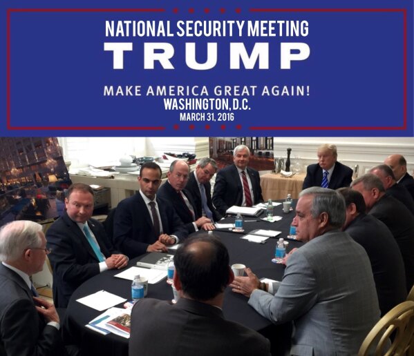 
              In this photo from President Donald Trump's Twitter account, George Papadopoulos, third from left, sits at a table with then-candidate Trump and others at what is labeled at a national security meeting in Washington that was posted on March 31, 2016. Papadopoulos, a former Trump campaign aide belittled by the White House as a low-level volunteer was thrust on Oct. 30, 2017, to the center of special counsel Robert Mueller’s investigation, providing evidence in the first criminal case that connects Trump’s team and intermediaries for Russia seeking to interfere in the campaign. (Donald Trump's Twitter account via AP)
            