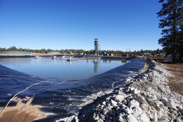 A pond at the Energy Fuels Inc. uranium Pinyon Plain Mine is shown on Wednesday, Jan. 31, 2024, near Tusayan, Ariz. (AP Photo/Ross D. Franklin)