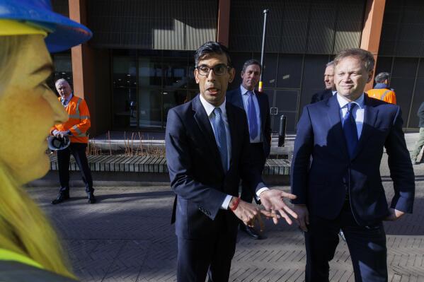 Britain's Prime Minister Rishi Sunak and newly appointed Energy Security and Net Zero Secretary Grant Shapps, right, are given a tour of the District Energy Centre in central London, Tuesday, Feb. 7, 2023. (Jamie Lorriman/Pool Photo via AP)