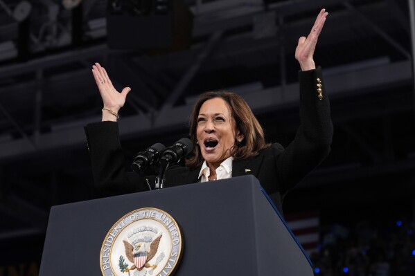 Democratic presidential nominee Vice President Kamala Harris speaks at a campaign rally at East Carolina University in Greenville, N.C., Sunday, Oct. 13, 2024. (AP Photo/Susan Walsh)