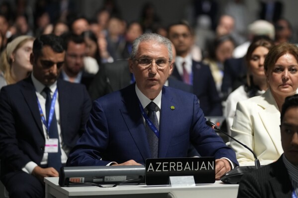 FILE - Mukhtar Babayev, Azerbaijan ecology and natural resources minister, attends a plenary stocktaking session at the COP28 U.N. Climate Summit, Monday, Dec. 11, 2023, in Dubai, United Arab Emirates. Babayev has been named to lead the United Nations' annual climate talks later this year, prompting concern from some climate activists over his former ties to the state oil company in a major oil-producing nation.(AP Photo/Rafiq Maqbool, File)