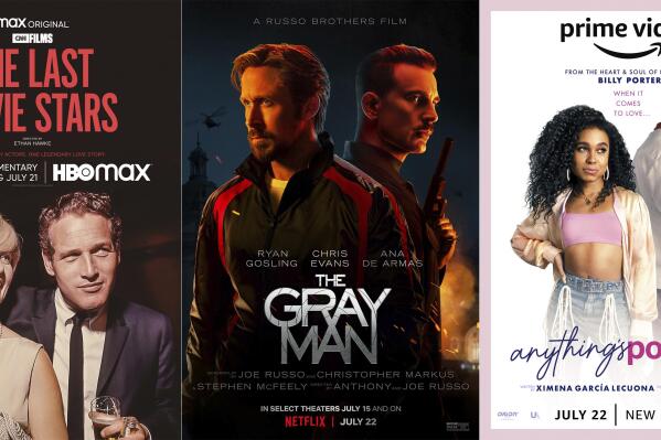 This combination of images shows promotional art for "The Last Movie Stars," a documentary streaming on HBO Max on July 21, left, "The Gray Man," a film premiering July 22 on Netflix and "Anything's Possible, a film premiering on Amazon Prime Video on July 22. (HBO Max/Netflix/Prime Video via AP)