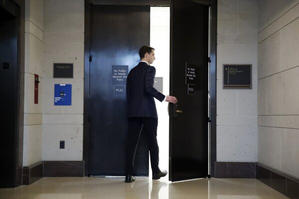 
              Sen. Tom Cotton, R-Ark., arrives to view the FBI report on sexual misconduct allegations against Supreme Court nominee Brett Kavanaugh, on Capitol Hill, Thursday, Oct. 4, 2018, in Wa...