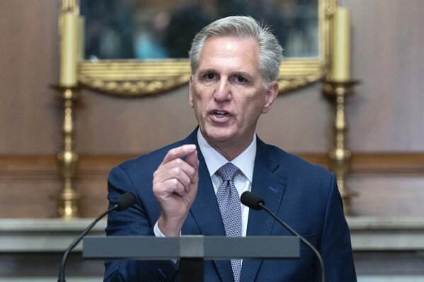 Former Speaker of the House Rep. Kevin McCarthy, R-Calif., speaks during a news conference at the Capitol in Washington, Monday, Oct. 9, 2023. The militant Hamas rulers of the Gaza Strip carried out an unprecedented, multi-front attack on Israel at daybreak Saturday, firing thousands of rockets as dozens of Hamas fighters infiltrated the heavily fortified border in several locations, killing hundreds and taking captives. Palestinian health officials reported scores of deaths from Israeli airstrikes in Gaza. (AP Photo/Jose Luis Magana)