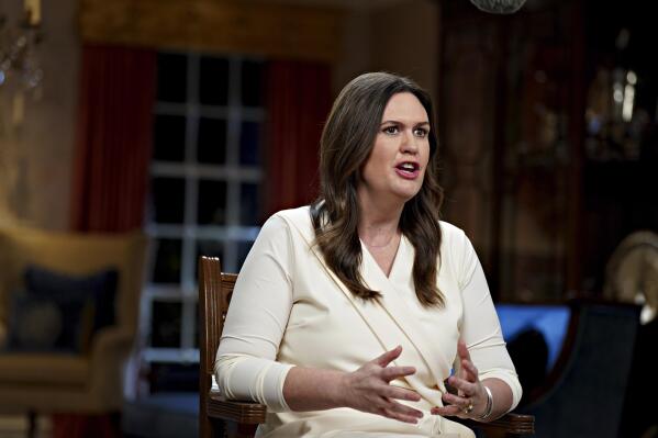 Gov. Sarah Huckabee Sanders, R-Ark., speaks while delivering the Republican response to President Biden's State of the Union address, Tuesday, Feb. 7, 2023, in Little Rock, Ark. (Al Drago/Bloomberg, Pool)