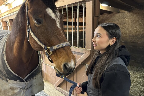 Kylie Ossege looks at her horse, Blaze, at a boarding facility Saturday, Nov. 11, 2023, in Mayfield Township, Mich. Ossege was severely injured in a 2021 mass shooting at Oxford High School and says spending time with Blaze provides her with a measure of comfort. (AP Photo/Mike Householder)