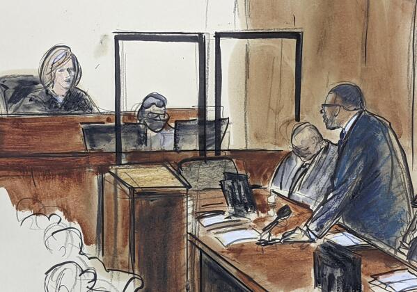 In this illustration drawn from a video feed, R. Kelly, right, stands and responds to Judge Ann Donnelly's question whether or not he has decided to take the stand in his own defense, Wednesday, Sept. 22, 2021, in New York. (AP Photo/Elizabeth Williams)