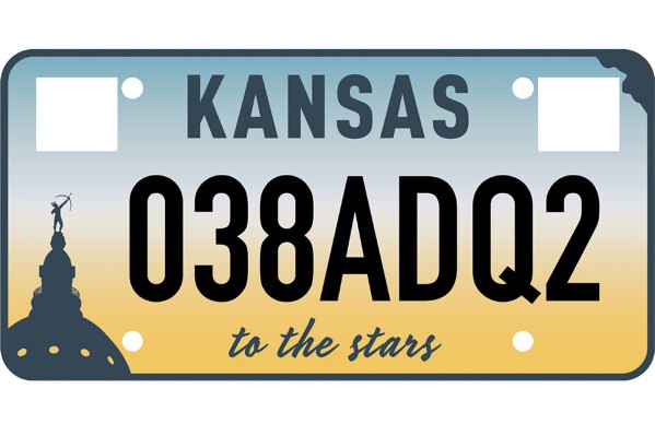 This artist rendering released by the Kansas Governor’s Office on Monday, Dec. 18, 2023, in Topeka, Kan., shows the winning design for a new standard state license plate that drivers will start receiving in 2024 when they renew their annual vehicle registrations. The state proposed five designs and allowed Kansas residents to vote online after criticism of an earlier design caused it to be scuttled. (Kansas Governor’s Office via AP)