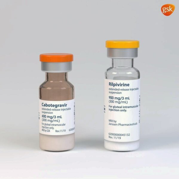 These illustrations, provided by drugmaker ViiV Healthcare on Thursday, Dec. 10, 2020, shows a rendering of the packaging and vials containing its new HIV treatment, Cabenuva, approved by the U.S. Food and Drug Administration on Thursday, Jan. 21, 2021. U.S. regulators have approved the first long-acting combo drug for HIV, monthly shots that can replace the daily pills that have been used for decades to control infection with the AIDS virus. Thursday’s approval of Cabenuva is expected to make it easier for people to stay on track with their HIV medicines and to do so with more privacy(ViiV Healthcare via AP)