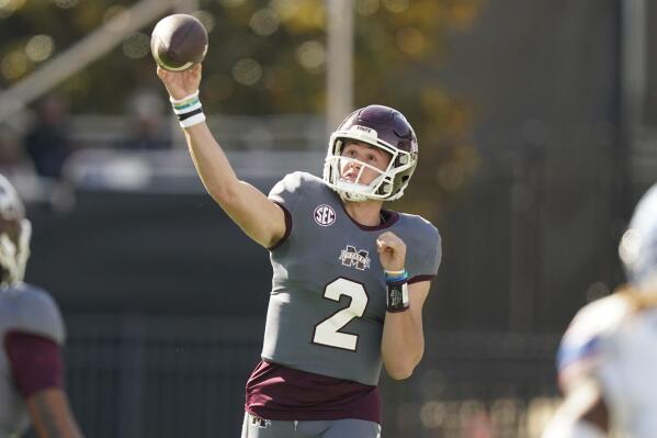 Mississippi State quarterback Will Rogers (2) passes against Tennessee State during the first half of an NCAA college football game, Saturday, Nov. 20, 2021, in Starkville, Miss. (AP Photo/Rogelio V. Solis)
