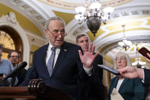 Senate Majority Leader Sen. Chuck Schumer, D-N.Y., speaks to media after a Senate Democratic policy luncheon, Tuesday, Dec. 5, 2023, on Capitol Hill in Washington. (AP Photo/Stephanie Scarbrough)