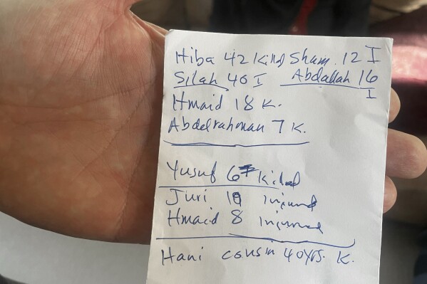 Jehad Adwan holds a hand-written list of the names and ages of his wife's relatives – with the word 