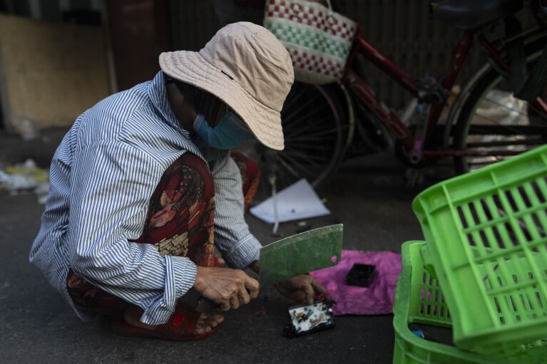An e -waste collector uses a cleaver to remove copper wire from a device in Nhat Tao market, the largest informal recycling market in Ho Chi Minh City, Vietnam, Wednesday, Jan. 31, 2024. (AP Photo/Jae C. Hong)