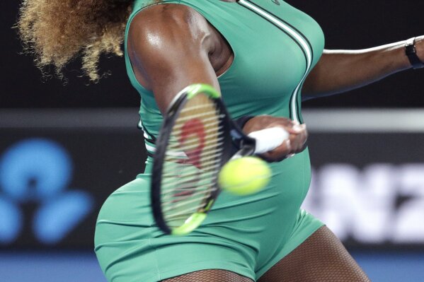 
              United States' Serena Williams hits a forehand return to Canada's Eugenie Bouchard during their second round match at the Australian Open tennis championships in Melbourne, Australia, Thursday, Jan. 17, 2019. (AP Photo/Aaron Favila)
            