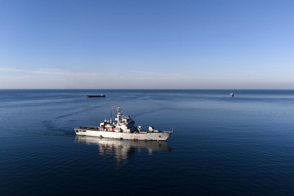 The Italian navy ship Libra approaches the port of Shengjin, northwestern Albania, Nov. 8, 2024. (AP Photo/Vlasov Sulaj, file)